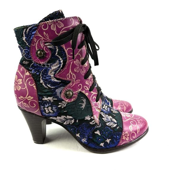 Boho Ankle Boots 42 Colorful Retro Hippie Lace Zip Up Bootie Womens Unique NEW - Picture 4 of 14